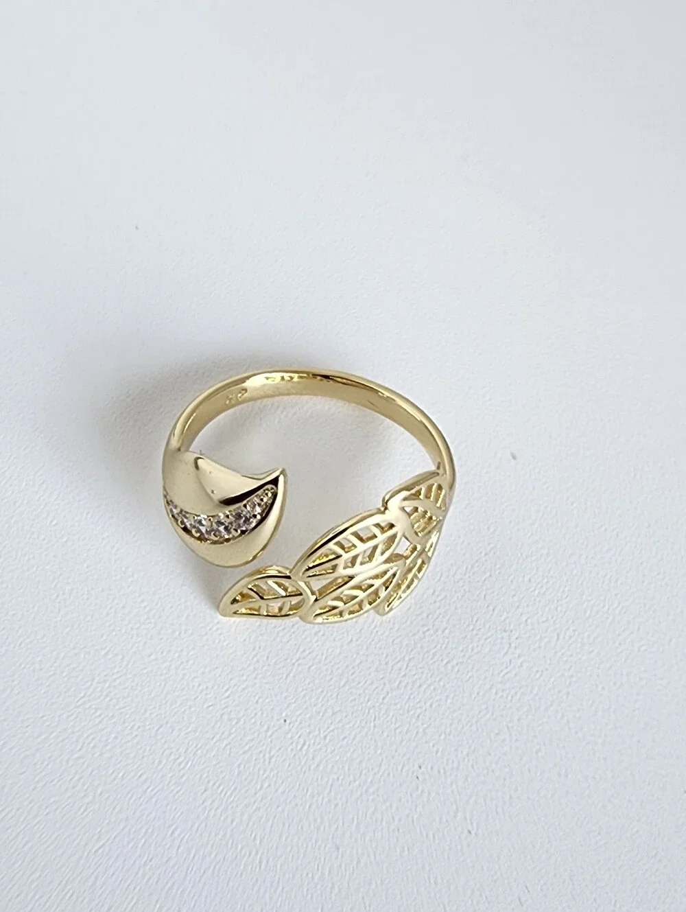 Gold Leaf Open Ring Zirconia Adjustable Size 8 Statement Ring - Picture 4 of 6